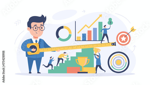 Concept for measuring employee performance for evaluation and assessment. Business manager using a ruler for KPI metrics analysis. Career growth, goals, and success concept.
