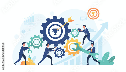 Teamwork for business optimization, strategy for improvement and success. People collaborate on a gear mechanism for project management, workflow process, and goal achievement.