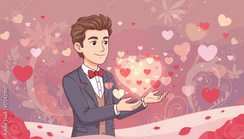 Man in love holding a glowing heart. Romantic vector illustration for Valentine's day. Concept for affection, proposal, dating, marriage. Cute cartoon character in a suit.