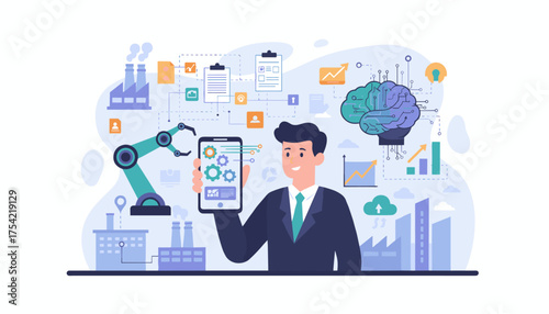 RPA Robotic Process Automation concept. Businessman with phone managing business processes. Artificial intelligence, robotic arm, factory automation and smart industry workflow.
