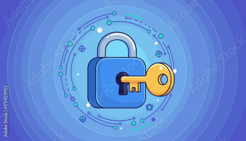 Cyber security vector concept with lock and key. Icon for data protection and online privacy. Digital network safety, access control illustration with abstract technology background.