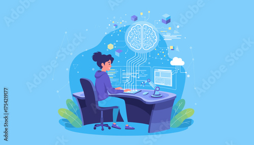 Artificial intelligence and web development concept. Woman programmer coding at a computer with a digital brain. Machine learning, data science, software engineering, future tech.