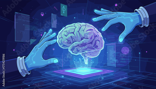 AI hands manipulating a digital brain. Artificial intelligence, machine learning concept. Futuristic technology, virtual reality. Neuroscience, data processing, mind control.