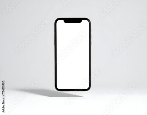 A modern smartphone with a blank white screen floats against a plain gray background.