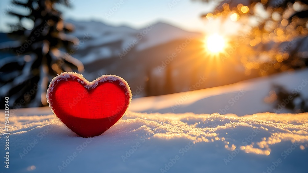 Fototapeta premium Heart-shaped red decoration resting on snow in a winter landscape during sunrise in the mountains