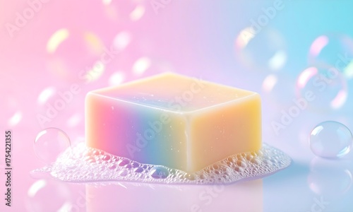 Hypnotic Rainbow Soap Bar in a Pool of Lather with Floating Bubbles on a Soft Pink and Blue Gradient Background for Skincare, Bath, and Beauty Concept