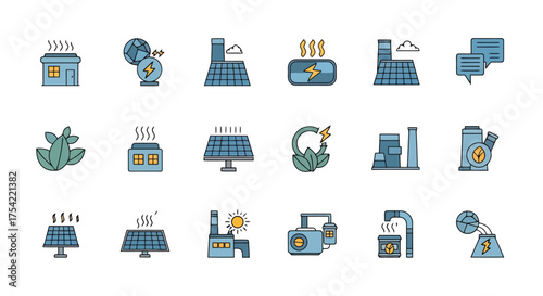 Comprehensive Icon Set Illustrating Sustainable Energy Solutions and Industrial Processes for a Greener Future, Emphasizing Renewable Resources and Eco-Friendly Technologies