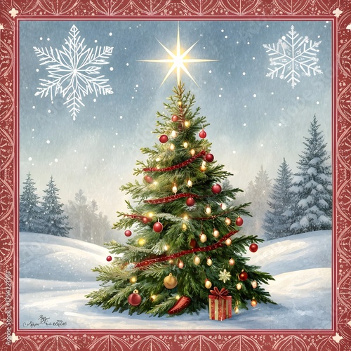 a christmas card with a christmas tree and a star