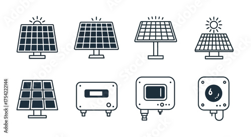 Set of Clean Line Icons Illustrating Solar Power Technology Components Photovoltaic Panels, Inverters, and Control Units for Green Energy Solutions