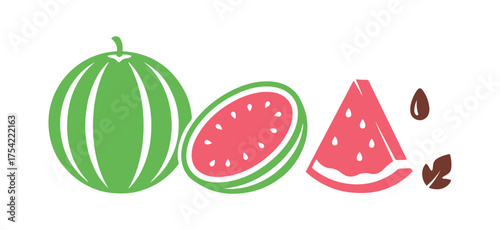 Watermelon fruit icons. Featuring a whole watermelon, slices, pieces, leaves, and seeds. This organic fruit is great for juice, smoothies, or nutritious vitamin-packed meals. Vector illustration