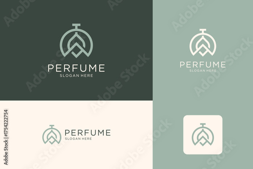 Minimalist elegant perfume logo design. Luxury line art logo template.