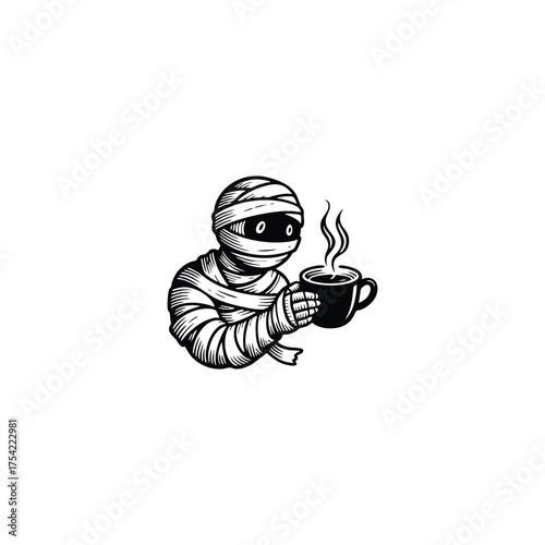 A humorous and simple vintage engraving illustration of a cute, bandaged mummy holding a steaming hot cup of coffee
