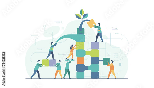 Business teamwork concept. People collaboratively building colorful blocks structure with growing plant, symbolizing growth, cooperation, development, success, and innovation in corporate environment.