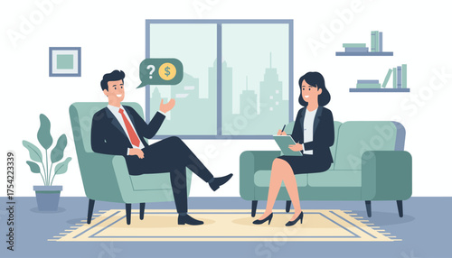 Business consultation about finance. Man asking about money, investment or salary. Financial advisor, psychologist or recruiter talking to a client. Job interview or therapy session.