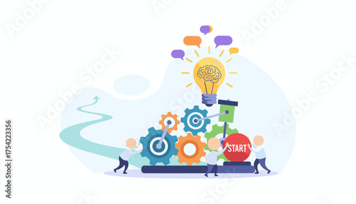 Business concept of teamwork and collaboration. Little people launching a project. Pushing start button and gears. From idea to innovation with a brain in a lightbulb.