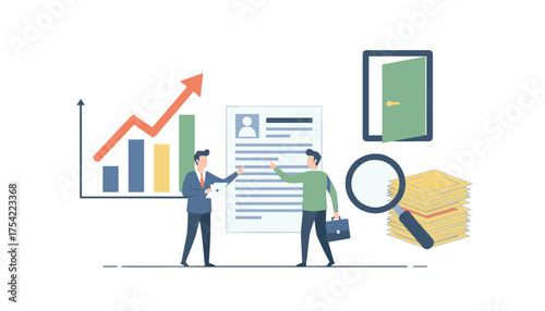 Recruitment process concept. HR searching for candidate for an open vacancy. Man at job interview. Resume analysis with business growth graph. Career opportunity door.