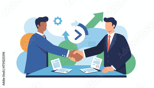 Business handshake for a partnership deal. Concept of cooperation and successful agreement. Businessmen signing a contract for future growth and success. Teamwork, collaboration.