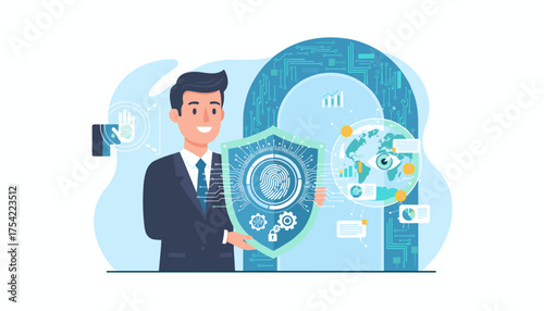 Businessman holding digital identity verification shield with fingerprint, biometric security, cyber protection, data privacy, corporate safety, global network access and technology concept