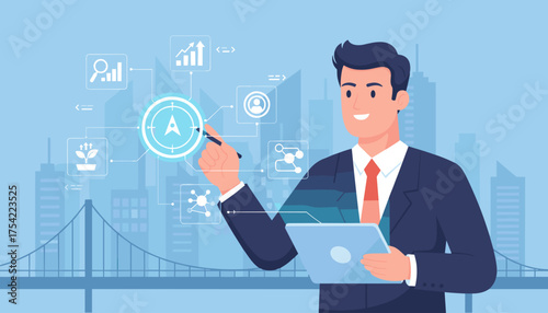 Businessman with tablet points at target on virtual screen. Concept for business strategy, goals, market analysis, investment, corporate growth, and future technology.