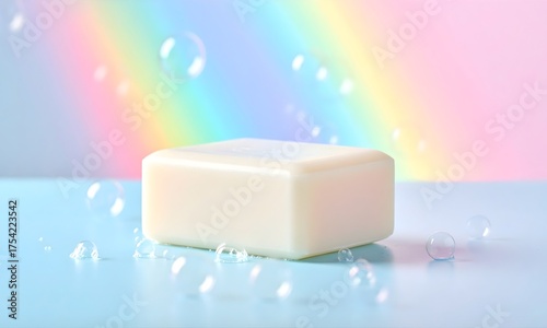 Plain Soap Bar with Water Droplets and Bubbles on a Bright Pastel Rainbow Gradient Background for Skincare, Hygiene, and Body Cleansing Concept