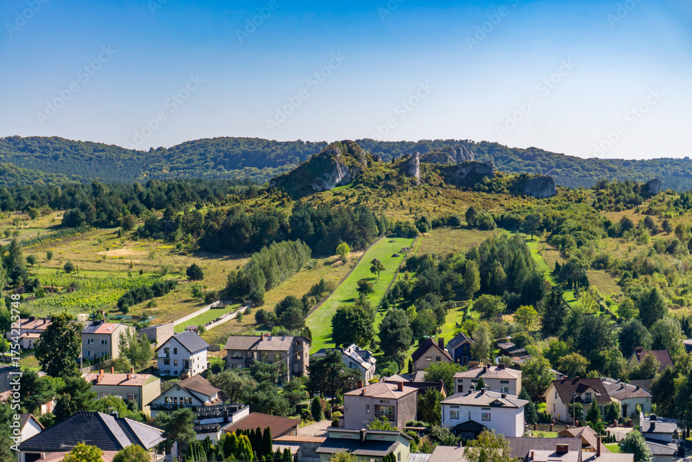 custom made wallpaper toronto digitalPanoramic view of Olsztyn near Częstochowa with limestone rock formations of the Kraków-Częstochowa Upland, green hills and residential buildings along the Eagles’ Nests Trail