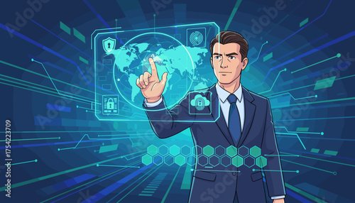 Businessman in Suit Touching Futuristic Virtual Interface Hologram With Global Network Map, Cybersecurity Icons, Data Protection and Technology, Digital Transformation, Innovation Concept