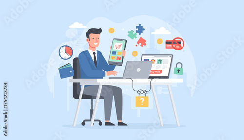 Online shopping and e-commerce concept. Man at desk with laptop and phone buying on internet. Secure mobile payment, digital transaction, online store, business illustration.