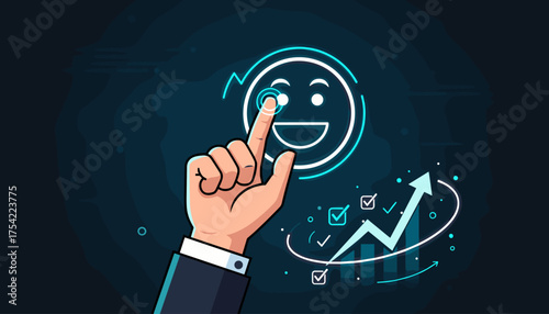 Businessman hand touching smiley face icon. Customer satisfaction and positive feedback concept. Business growth chart and performance evaluation for success and quality service.