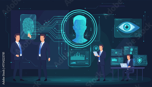 Biometric authentication. Fingerprint scanning, facial recognition, iris scan. Businessmen using futuristic security UI for identification & access control. Cybersecurity, data protection.