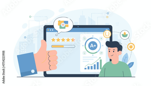 Customer satisfaction concept. Client gives positive review and five star rating for service experience. User feedback and quality evaluation. Excellent performance with A+ score.