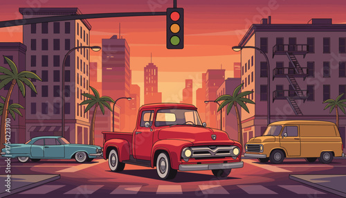 Classic red retro pickup truck on a city street at sunset. Vintage car at a traffic light in an urban downtown setting with palm trees. Old american automobile vector illustration.