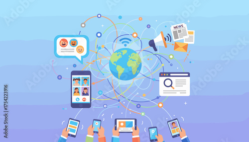 Global communication via internet technology. Worldwide network connection. Social media, online news, video call. People using mobile devices for data sharing and connectivity.