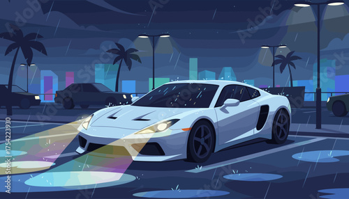 White sports car on a city street at night in the rain. Vector illustration of a luxury supercar with headlights on. Wet asphalt with colorful reflections. Urban nightscape scene.