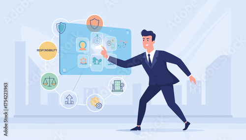 Concept of core values for business. Businessman managing company principles like ethics, responsibility, and mission on a digital interface. Corporate governance and strategy.