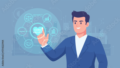 Core values concept with businessman pointing at virtual screen. Company mission, vision, and ethics strategy. Corporate culture, responsibility, and integrity principles.