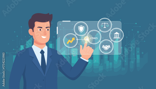 Business core values concept. Businessman touches holographic screen with ethics, integrity, and honesty icons. Corporate governance, social responsibility, and strategy.