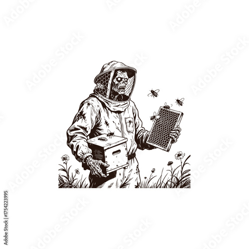 A truly unique and detailed vintage engraving illustration of a zombie beekeeper holding a honeycomb frame and a beehive box, surrounded by flying bees