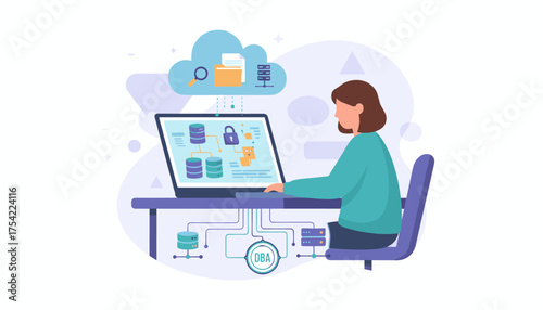 Database administrator managing data system and network security. DBA at work with laptop, cloud storage. Concept of big data processing, server administration, protection.