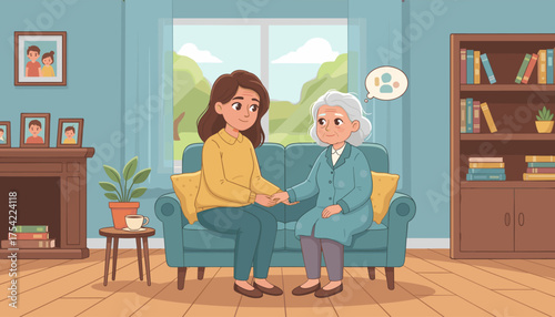 Daughter caring for senior mother with Alzheimer's disease. Concept for dementia, memory loss, neurology, mental health, caregiving, family support, and empathy.