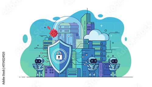 Cybersecurity flat vector illustration. AI robots protecting data center and cloud servers from virus attack. Network security technology concept with shield and padlock.
