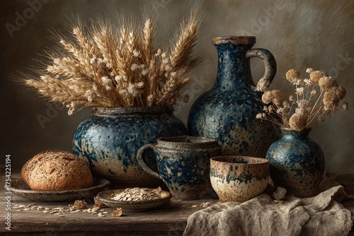 Ceramics and Golden Wheat Create a Serene Still Life of Rustic Charm Generative AI