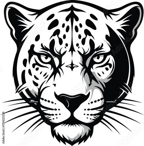 Fierce black and white jaguar face illustration