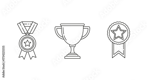 Award icon set with trophy, medal, and prize. Line art symbols for winner, victory, success, champion. First place achievement. Competition graphic elements vector pack.