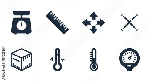 Logistics and shipping icon set. Vector symbols for package handling and measurement. Includes weight scale, ruler for dimensions, temperature control, and pressure gauge icons.