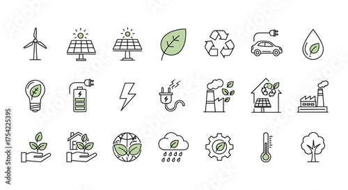 Green energy and sustainability icon set. Eco friendly concept of renewable power, recycling, and nature. Vector line icons for ecology, environment and climate change.