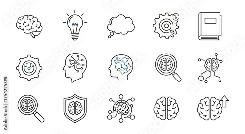 Artificial intelligence line icon set. Concepts of machine learning, brain process, idea, psychology, neuroscience. Human mind, neural network, deep learning vector icons.