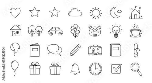Set of universal thin line icons. Hand-drawn doodle pictogram collection for web design, mobile app, and infographics. Includes heart, star, house, car, flower, and book symbols.