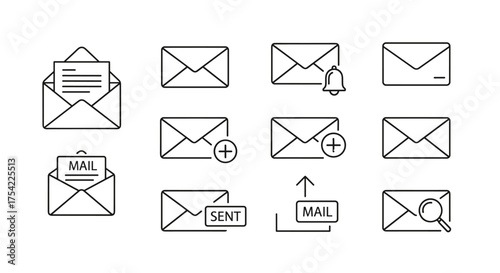 Mail and envelope line icon set. Email communication concept. Includes new message, open letter, sent mail, inbox notification, search, and add symbols. For UI and web design.