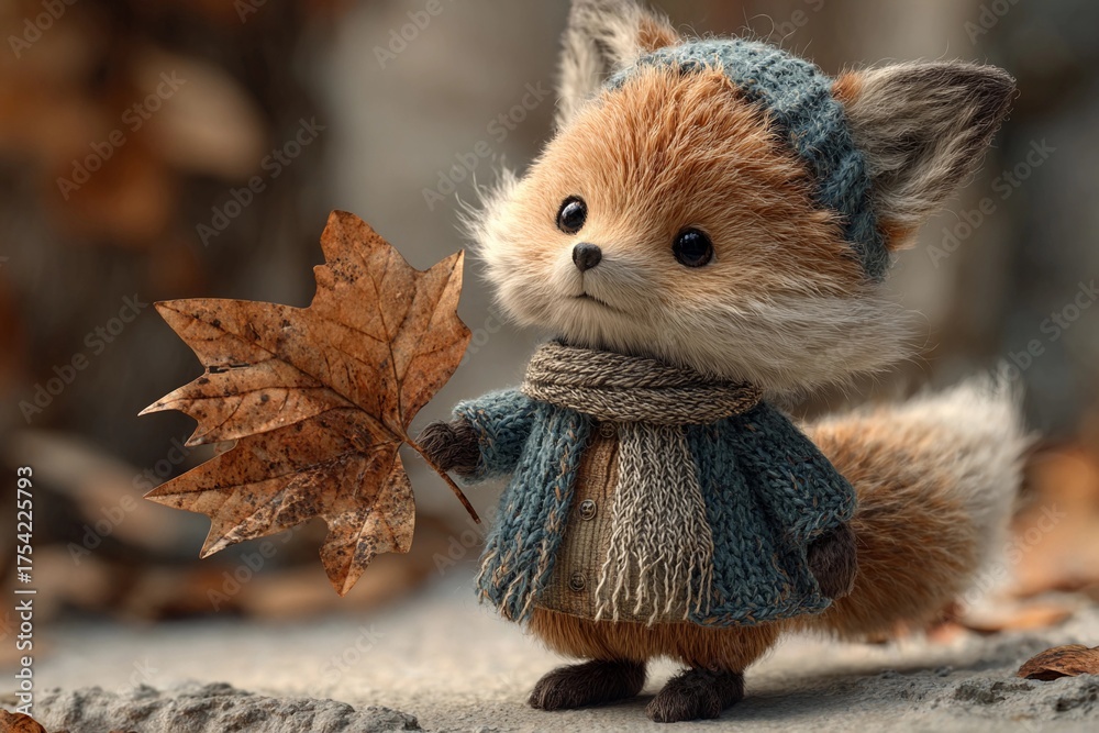 Fototapeta premium Charming Fox Wearing Cozy Clothes Holding an Autumn Leaf in a Forest Scene Generative AI