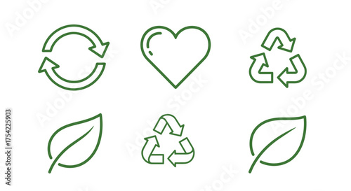 Eco friendly icon set. Green recycle and ecology symbols. Love nature concept with heart, leaf, and arrow icons. Sustainable living and environmental protection vector line art.